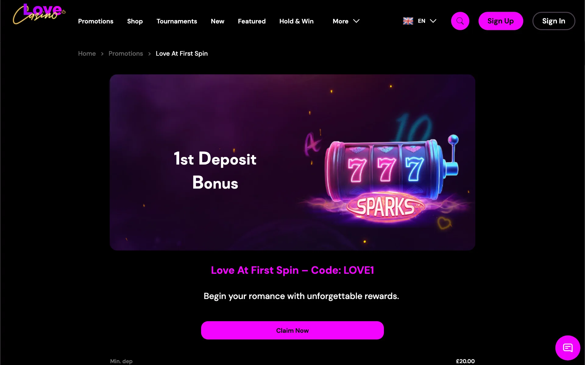 Love Casino first deposit bonus card, code LOVE1