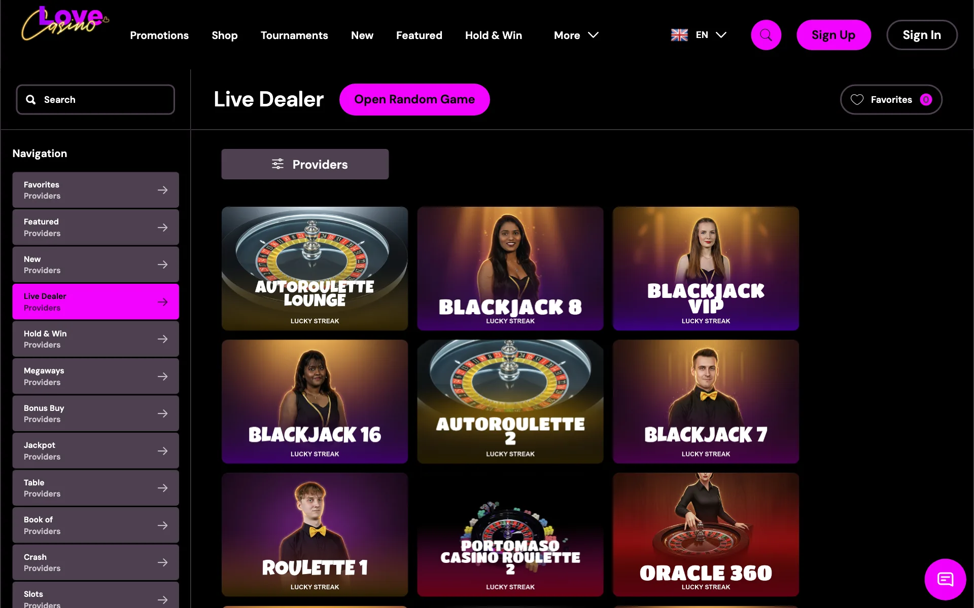 Love Casino live dealer lobby with roulette and blackjack tables