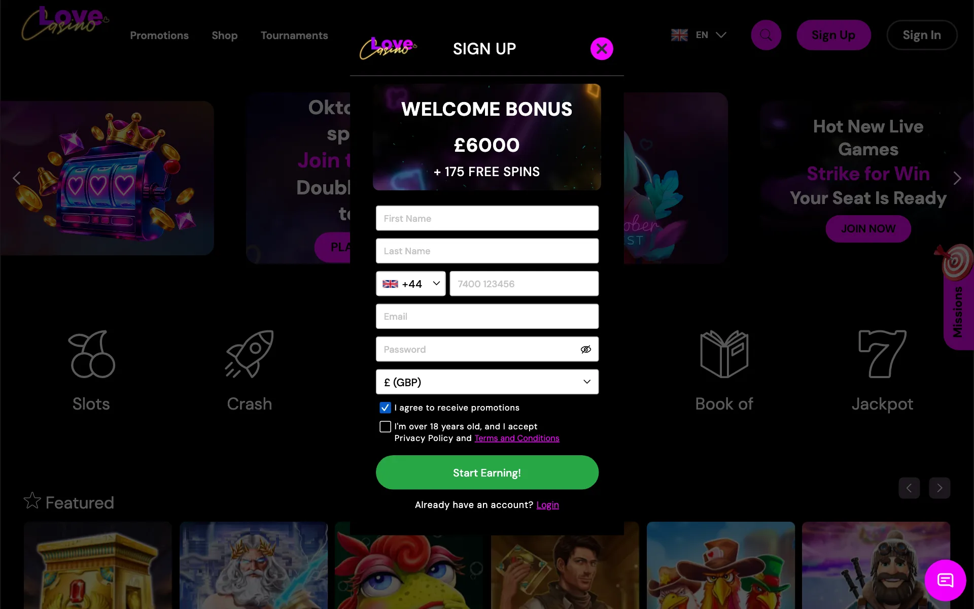 Love Casino sign-up window showing the welcome package